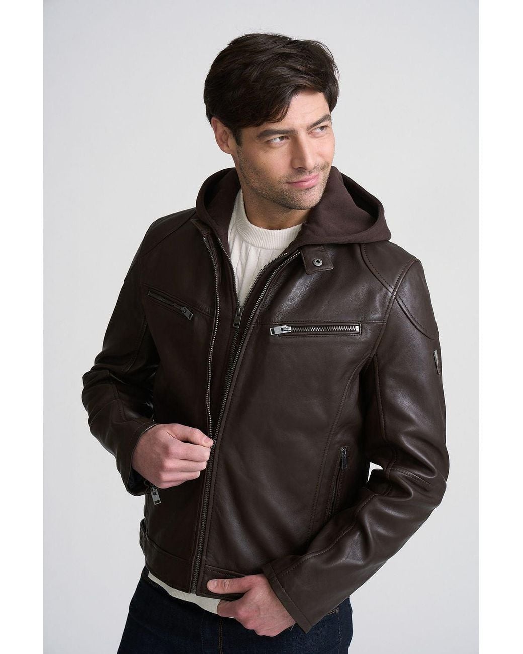 Mauritius Brown Muscle-Fit Leather Jacket With Removable Full Insert Biko for men