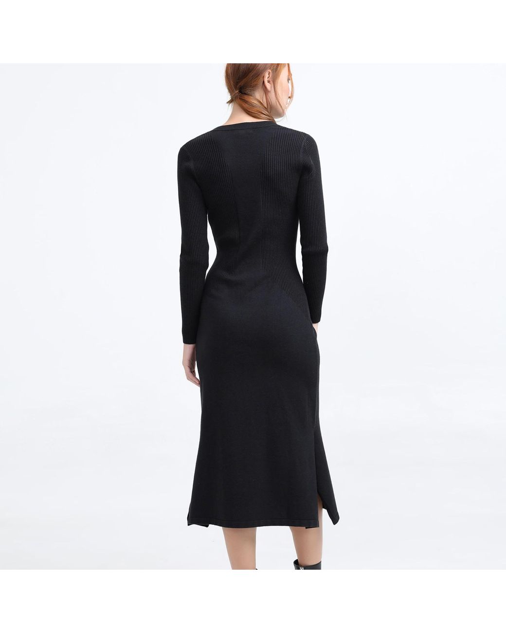 Smart and Joy Black Slim V-Neck Sweater Midi Dress