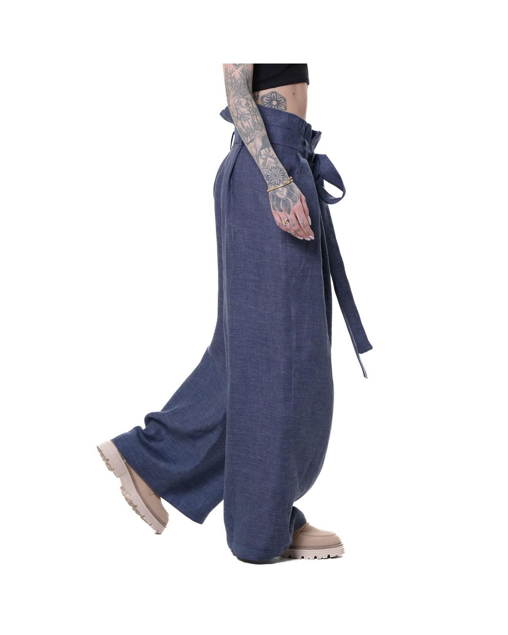 Metamorph Blue Linen Denim Wide-Leg Trousers
