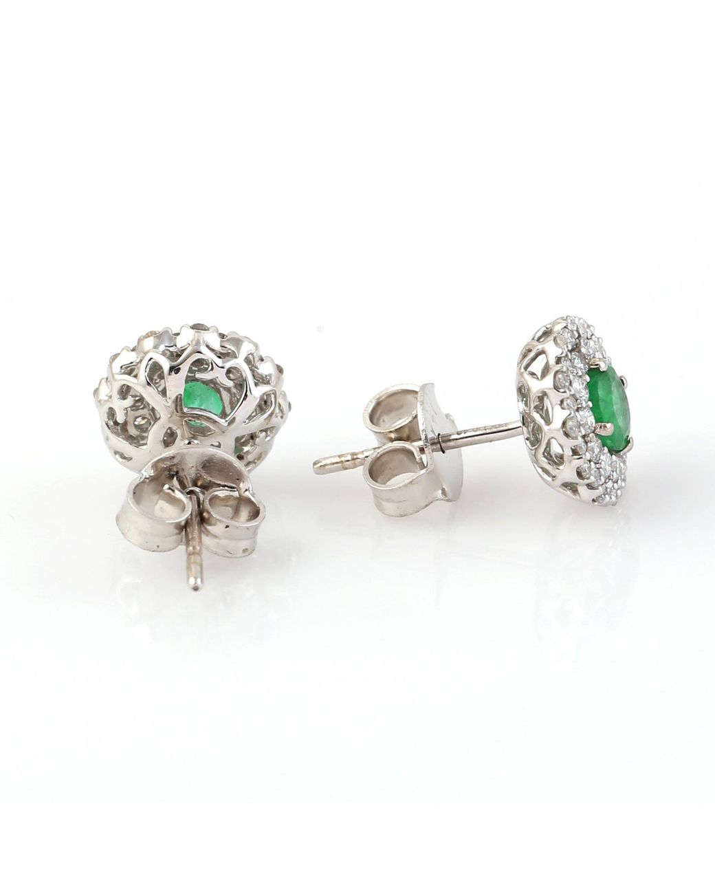 Artisan Multicolor Natural Emerald Pave Diamond Stud Earrings 14k White Gold Jewelry