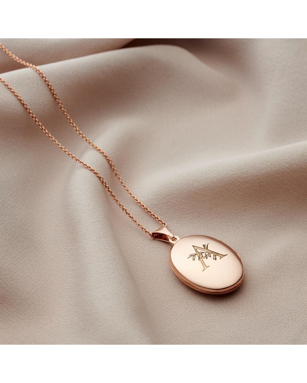 Posh Totty Designs Metallic Rose Gold Plated Floral Engraved Initial Oval Locket Necklace