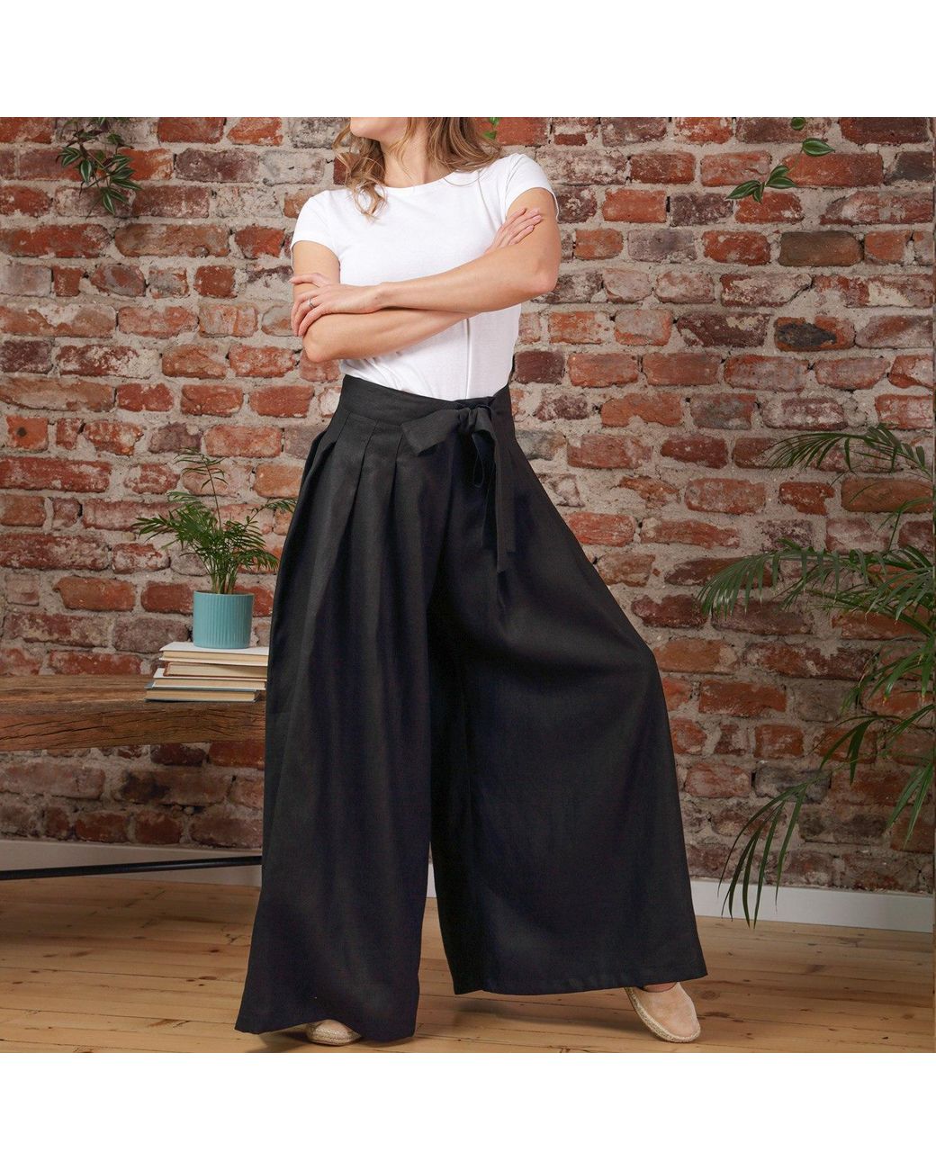 Nikka Place Black Wrap Around Wide Leg Linen Pants With Front Tie