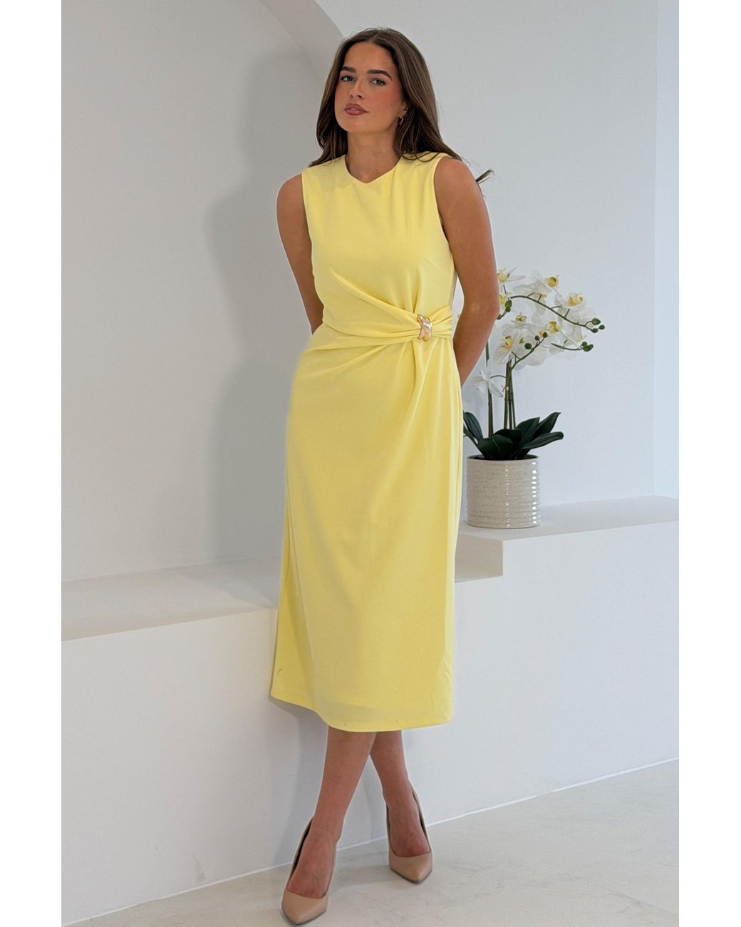Girl In Mind Yellow Louisa Buckle Wrap Detail Midi Dress