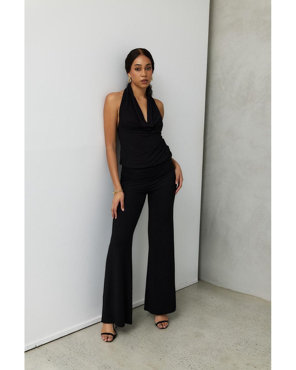 Why Mary Black Diana Cowl Halter Neck Jumpsuit