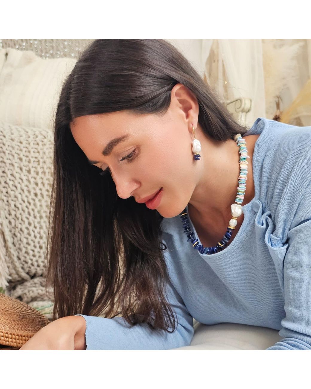 Farra Blue Kyanite And Colorful Shell With Baroque Pearl Necklace Bracelet Earrings Set