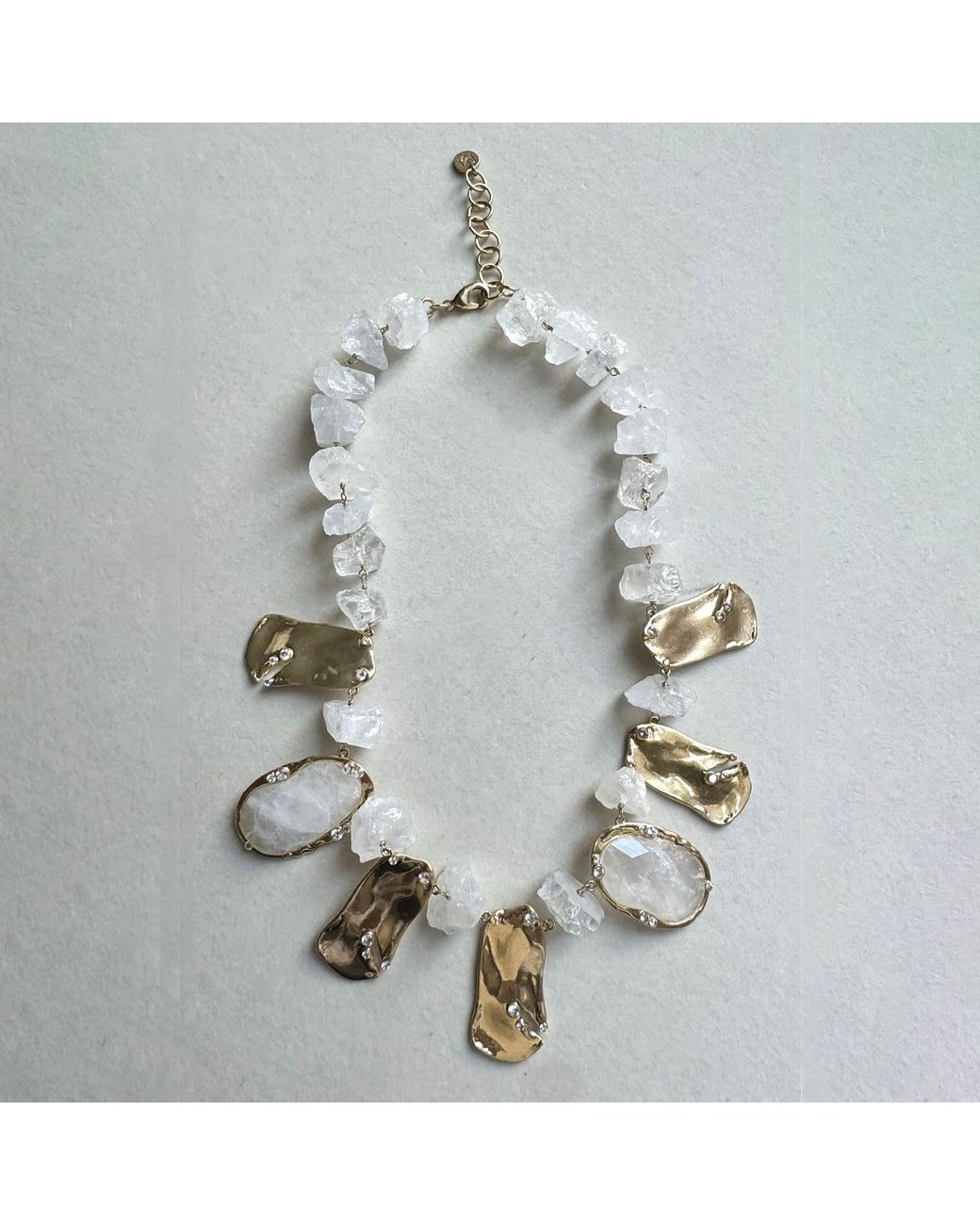Rare Matters Jewelry Metallic Chunky Clear Quartz Sculptural Petals Statement Necklace
