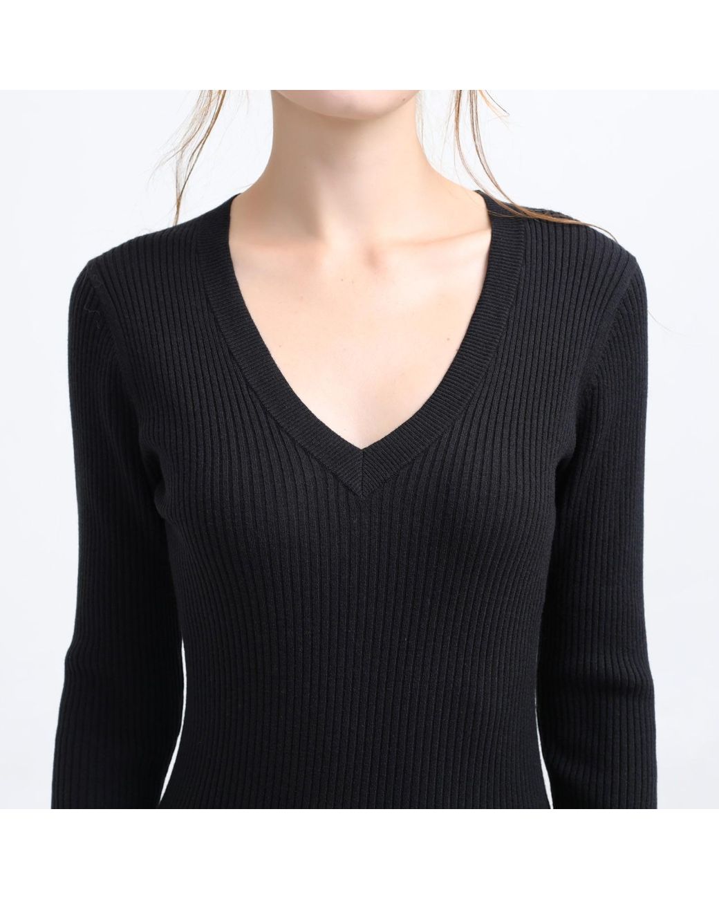 Smart and Joy Black Slim V-Neck Sweater Midi Dress