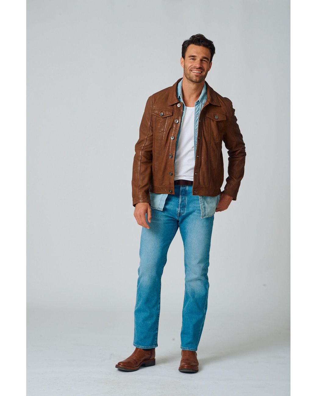 Mauritius Brown Leather Trucker Jacket Geoff for men