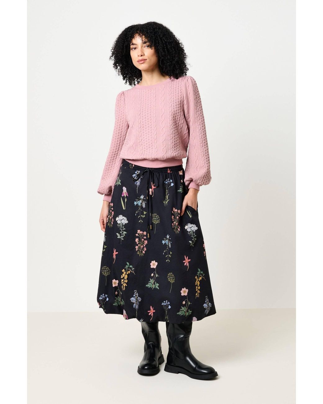 Louche Blue Dixie Flower Press Print Balloon Hem Midi Skirt