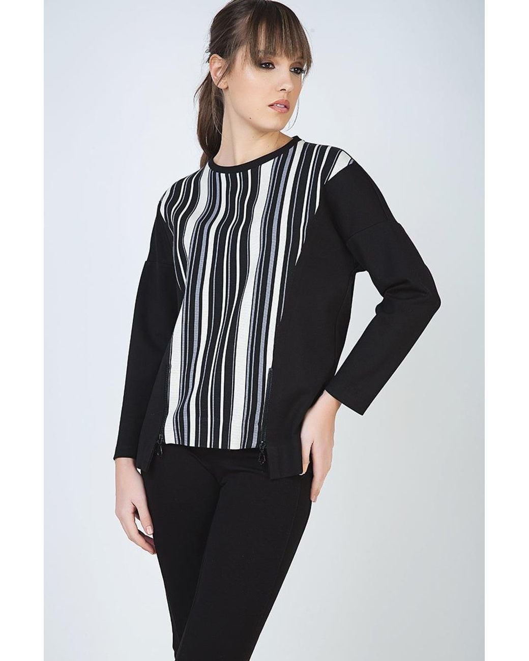 Conquista Black Striped Long Sleeve Zip Detail Top