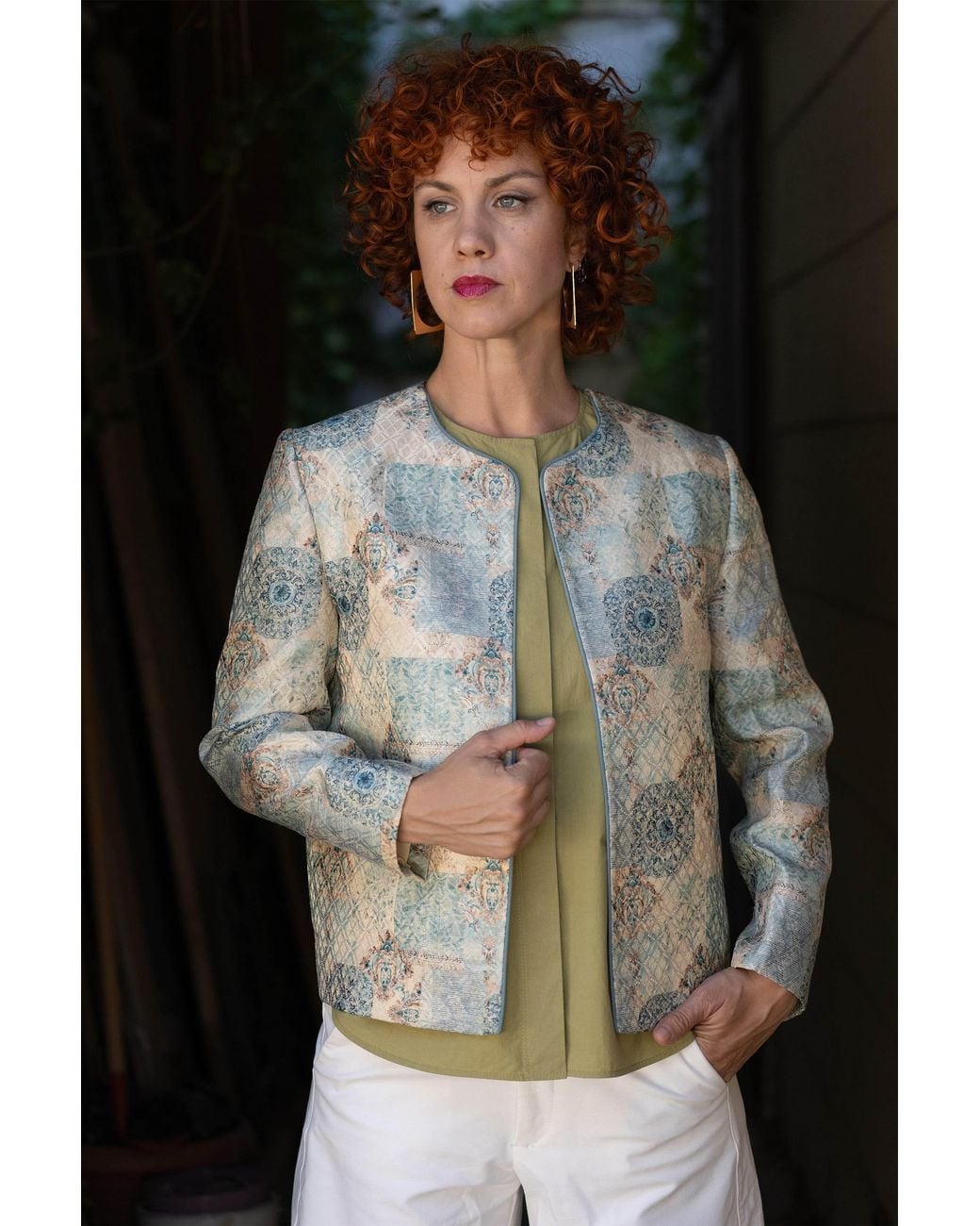 Stovaria Blue Ivory Silk-Cotton Jacquard Statement Jacket