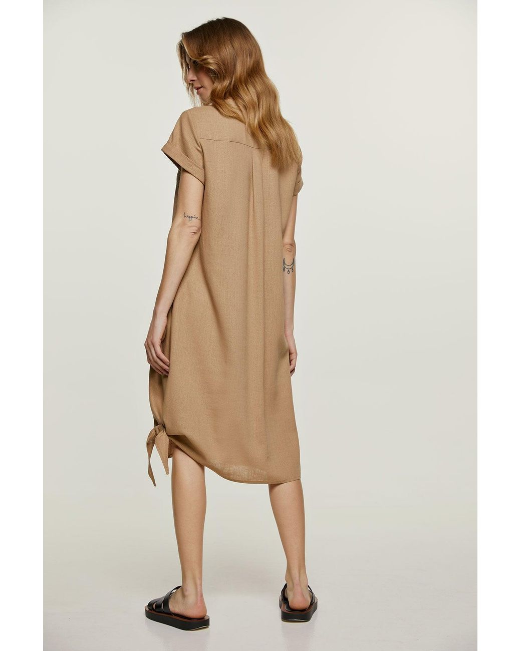 Conquista Natural Neutrals Midi Dress With Tie Detail