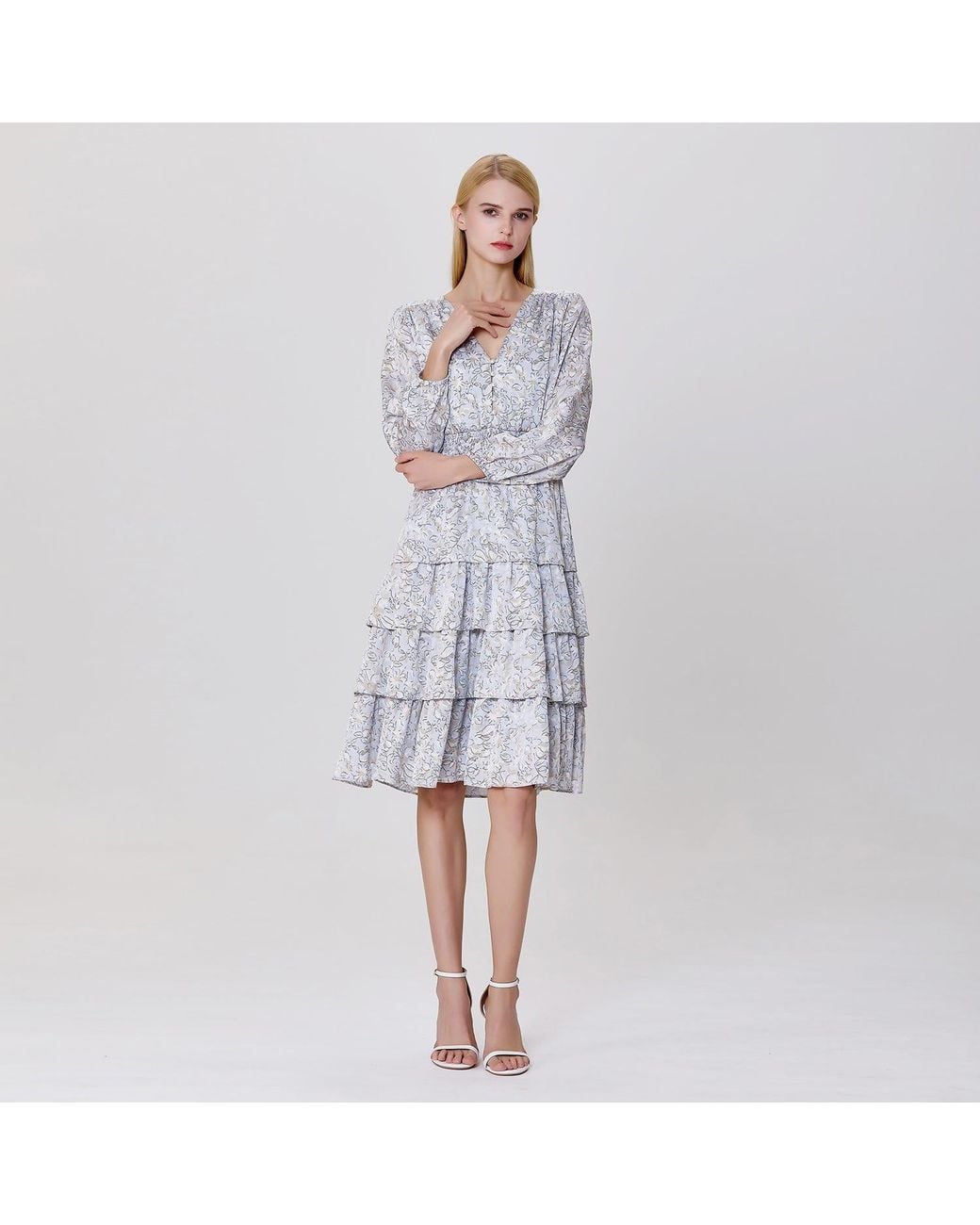 Smart and Joy Gray Tiered Ruffles Liberty Print Tea Dress