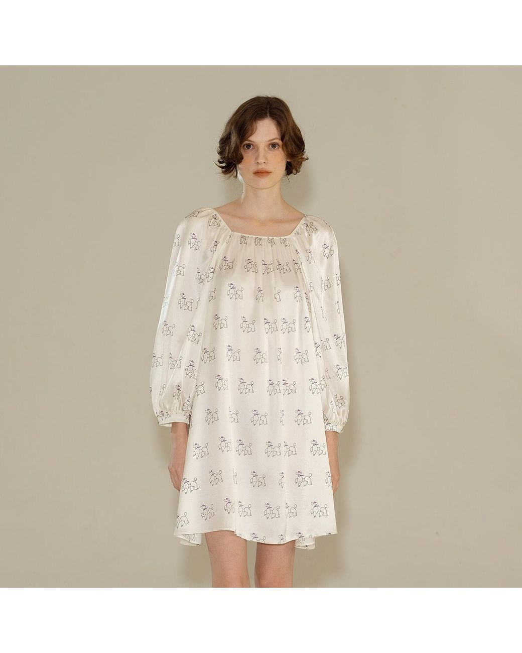 NOT JUST PAJAMA White Diamond Poodles Silk Puff Sleeve Dress