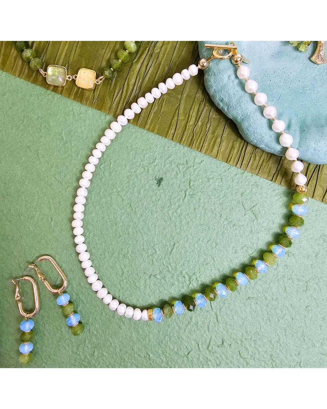 Farra Metallic Freshwater Pearls With Jade And Opal Color Matching Necklace