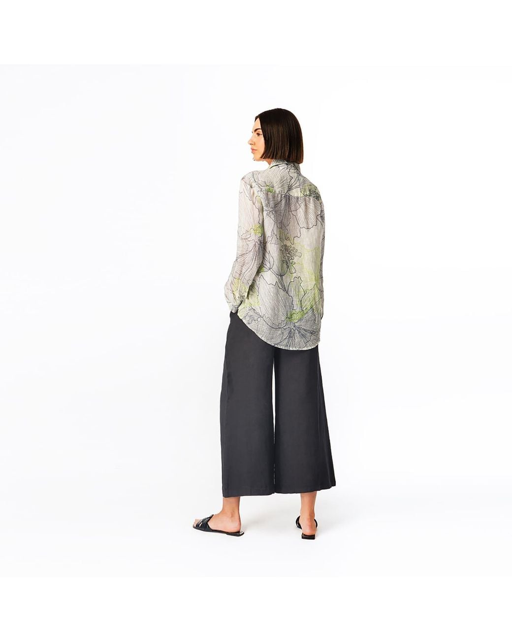 Haris Cotton Blue Drawstring Waist Wide Leg Linen Pants Crystal