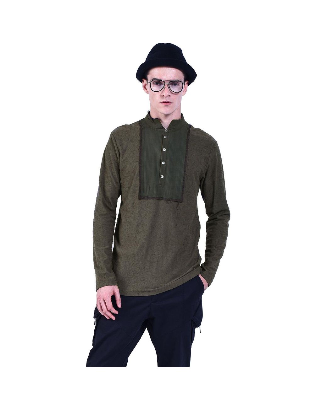 Smart and Joy Green Long-Sleeves T-Shirt With Topstitched Bib And High Collar for men