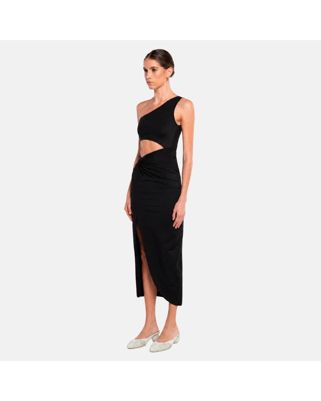 OW Collection Black Isabella One Shoulder Cut Out Midi Dress