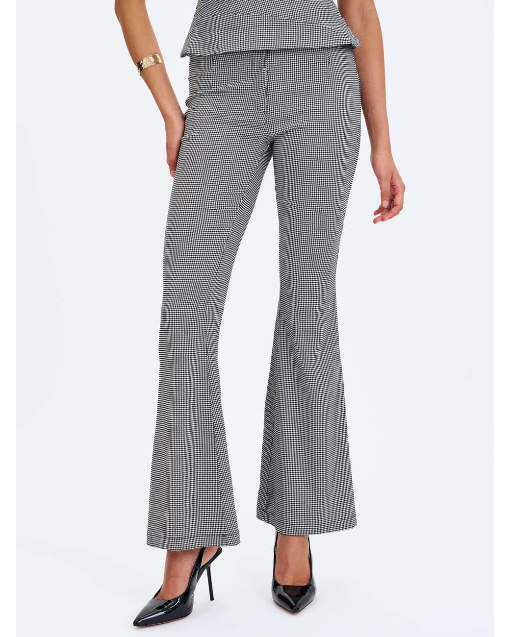 Miss Circle New York Gray Ulli Micro-Houndstooth Flared Pants