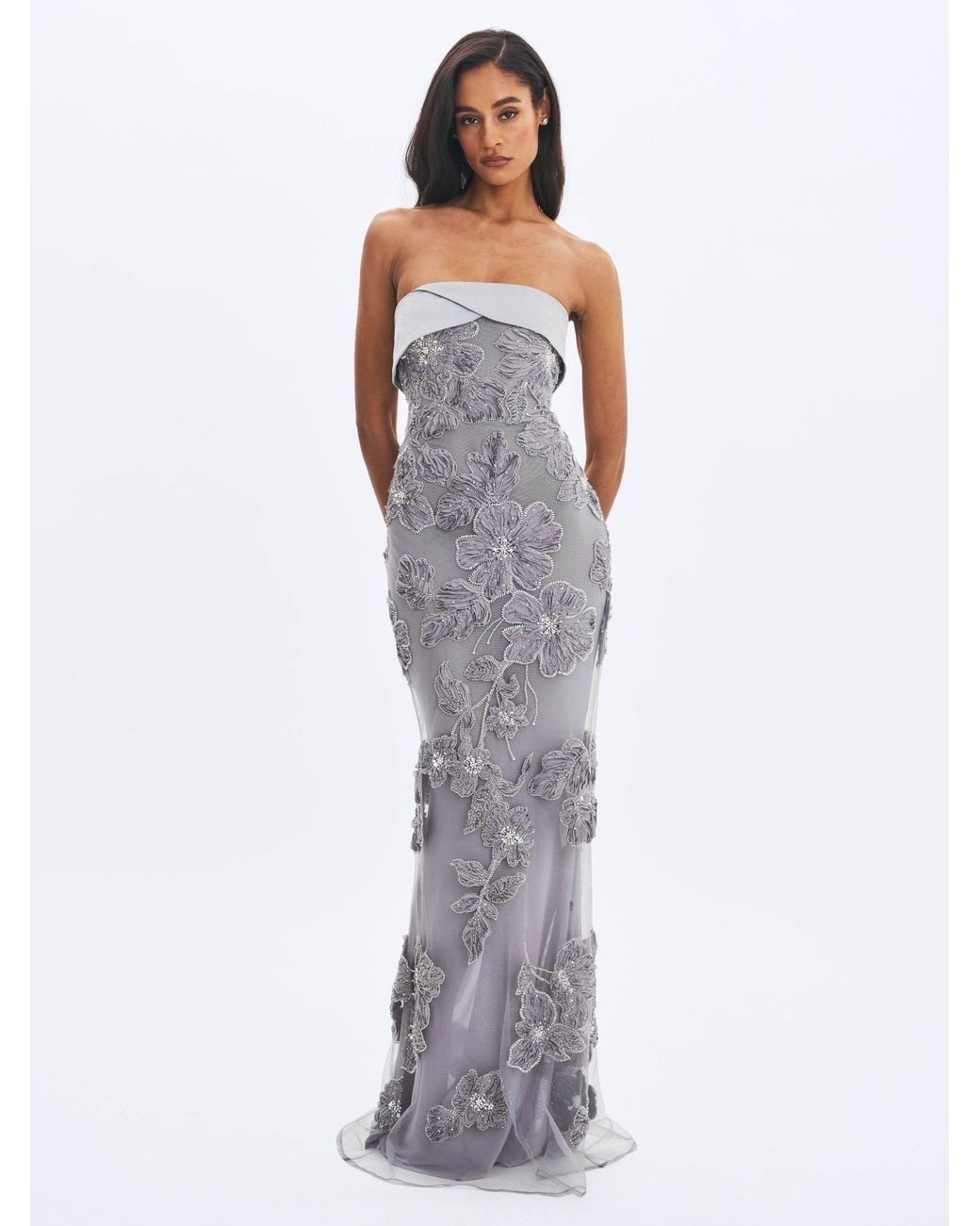 Miss Circle New York Gray Raphaela Beaded Floral Strapless Mermaid Maxi Dress