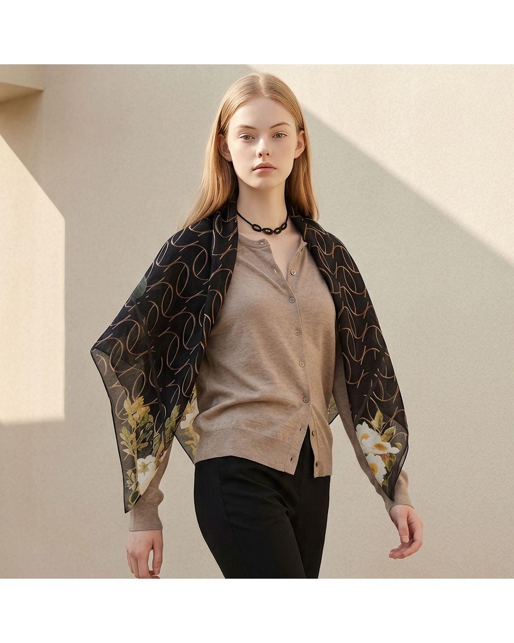 Ana Maison Blue Sophisticated Linework Bloom Silk Wool Scarf