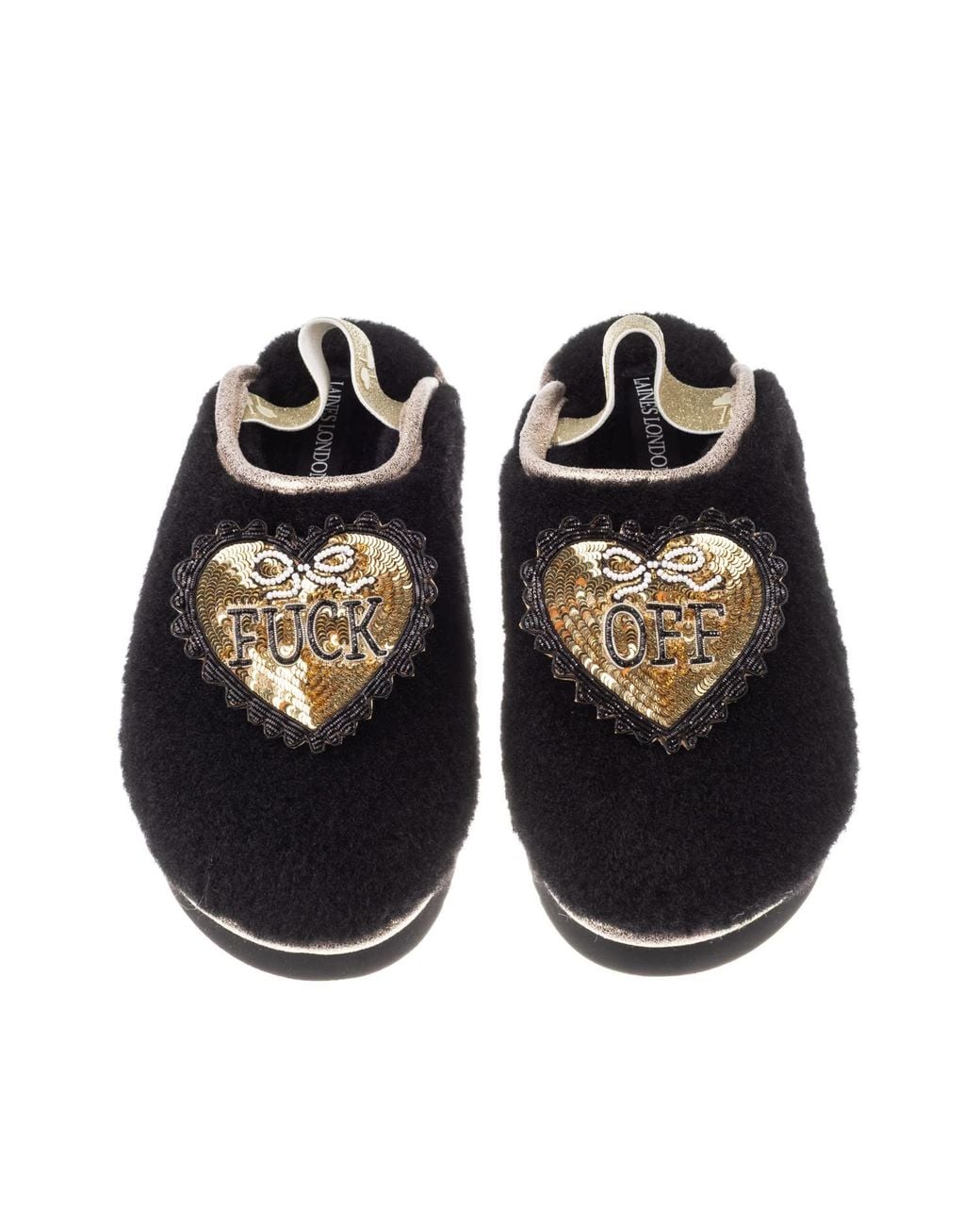 Laines London Black Flatform Cloud Slippers With & Fuck Off Brooches