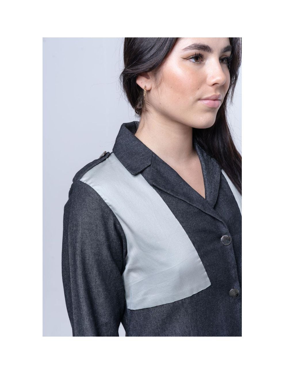 House of Gl Blue Hematite Dark Wash Denim A-Line Midi Shirt Dress With Contrast Cotton Panels