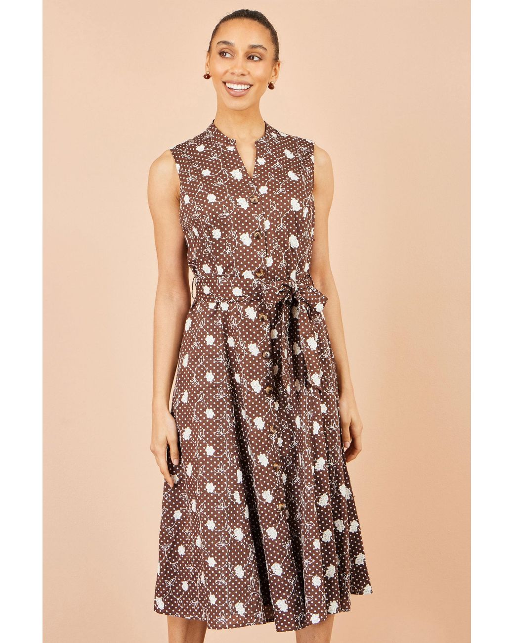 Yumi' Brown Cotton Embroidery Shirt Dress