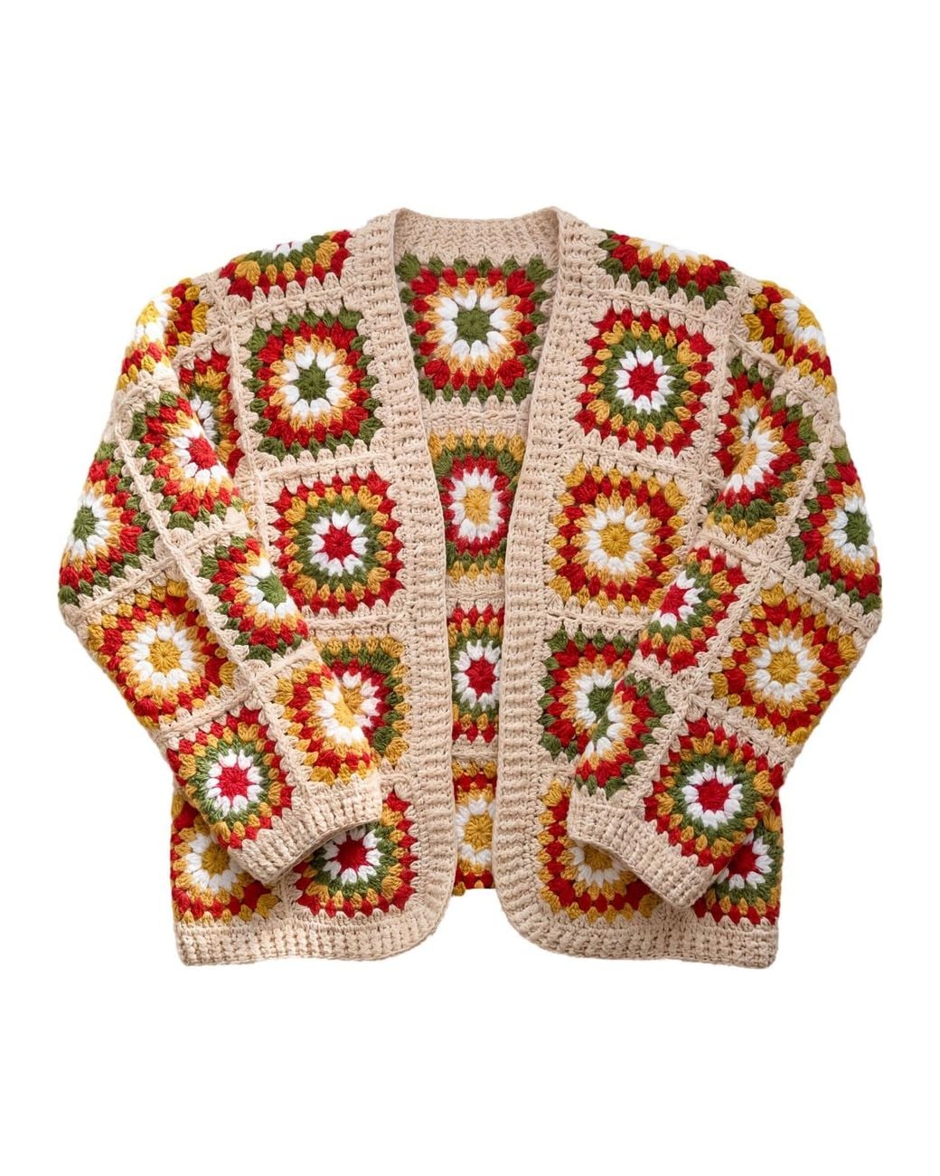Ana Chic Orange Cream Boho Granny Square Handmade Crochet Cardigan