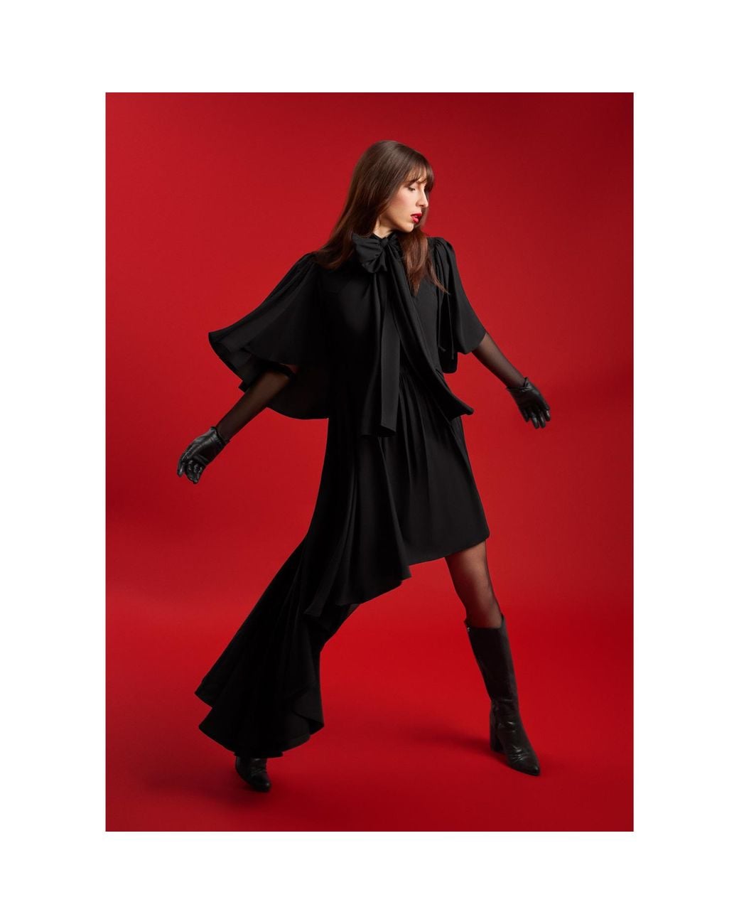 Femponiq Black Bow Tie Neck Cape Sleeve Maxi Dress