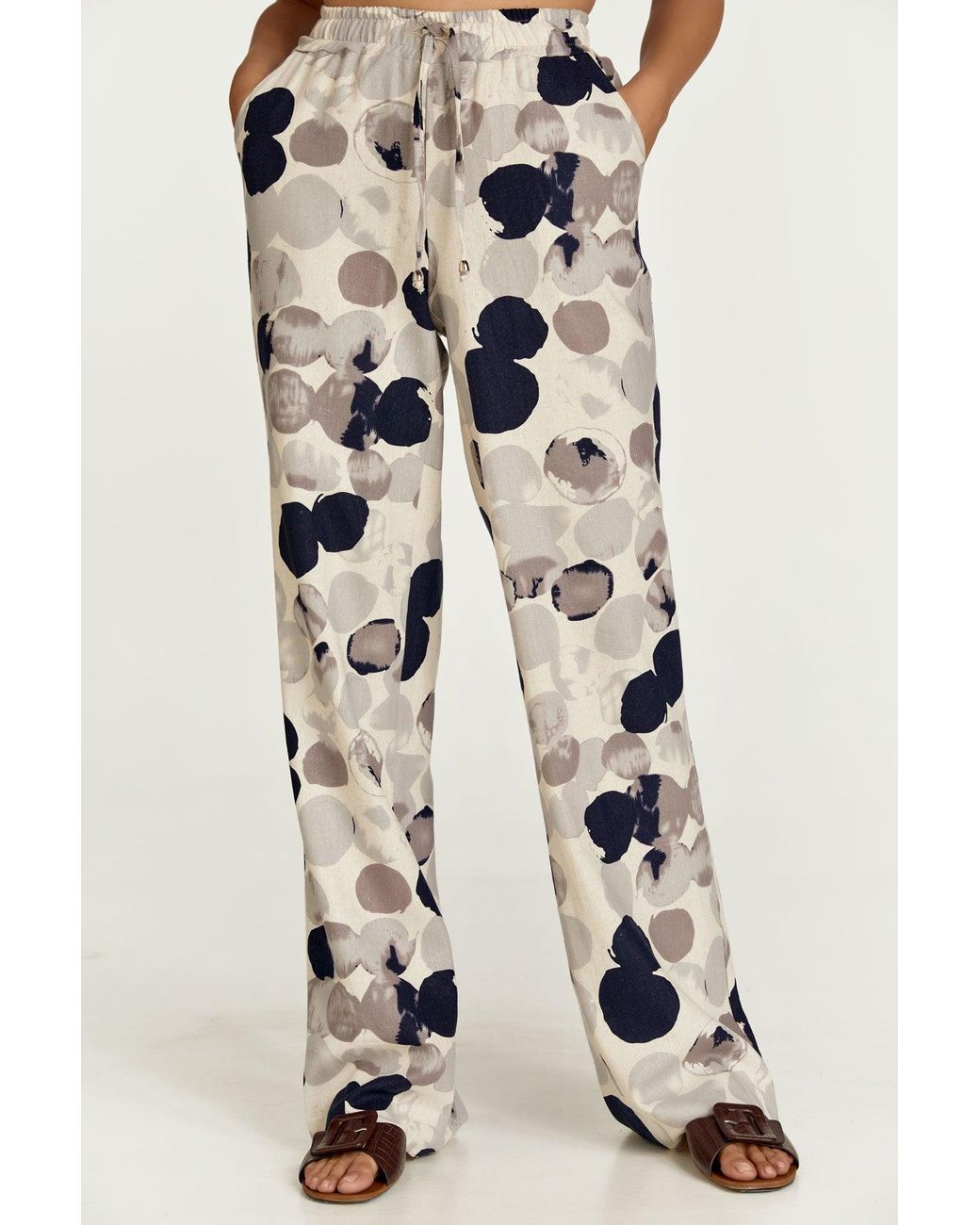 Conquista White Print Linen Style Wide Leg Pants