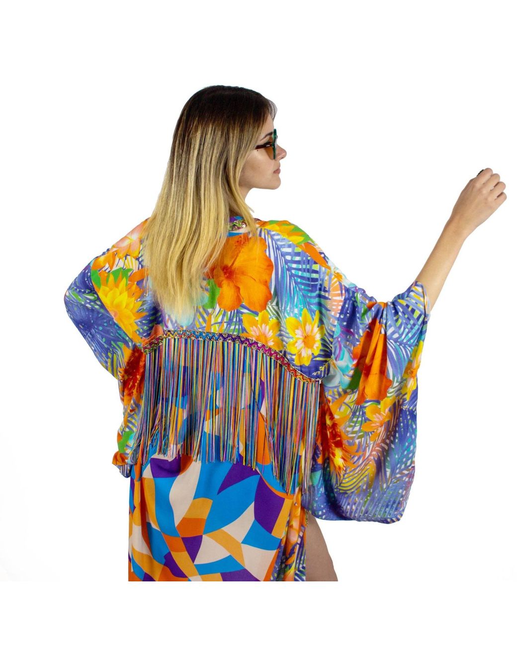 Lalipop Design Orange Viscose Kimono With Embroidery & Fringe Details