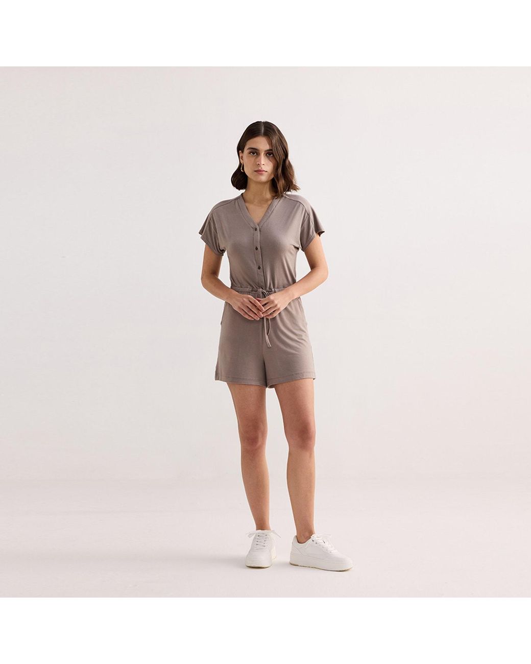 REISTOR Brown V Neck Drawstring Knit Romper