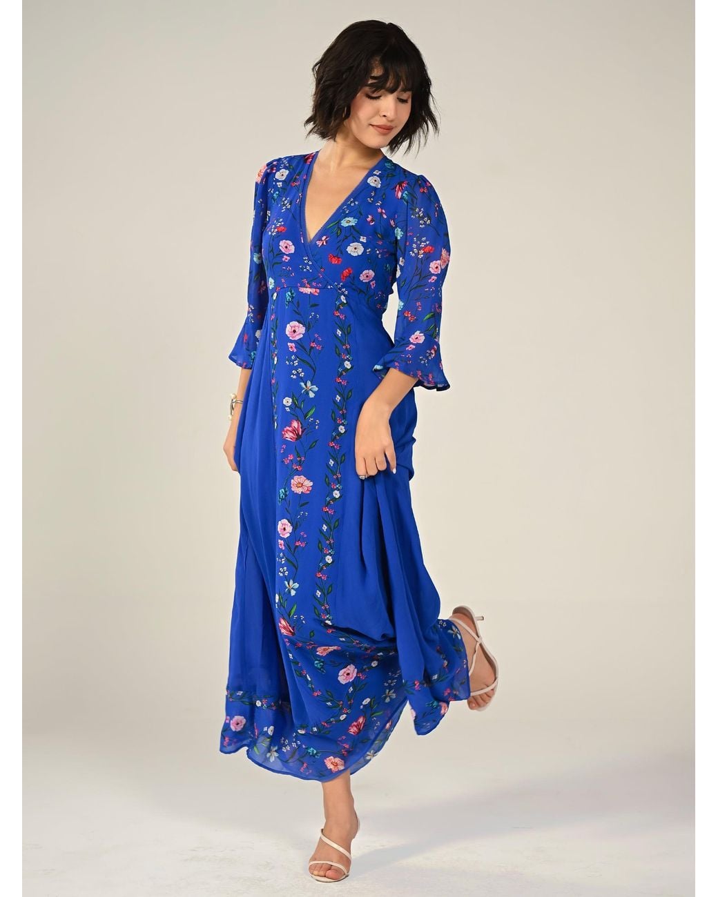 Rose & Nancy Blue Tory Botanical Floral Border Print Maxi Dress