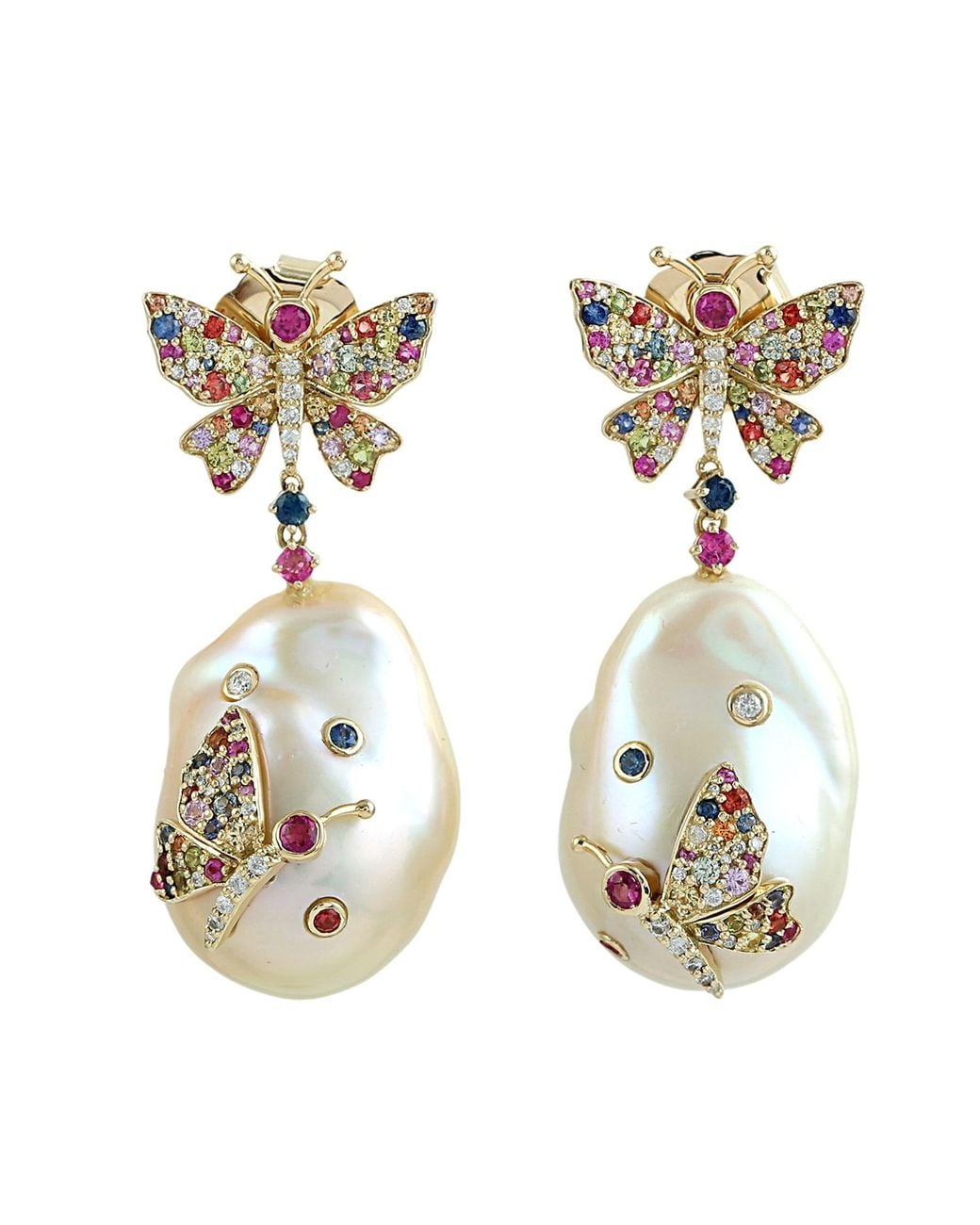 Artisan Metallic Unshaped Pearl, Chinese Sapphire & Pave Diamond Butterfly Dangle Earrings