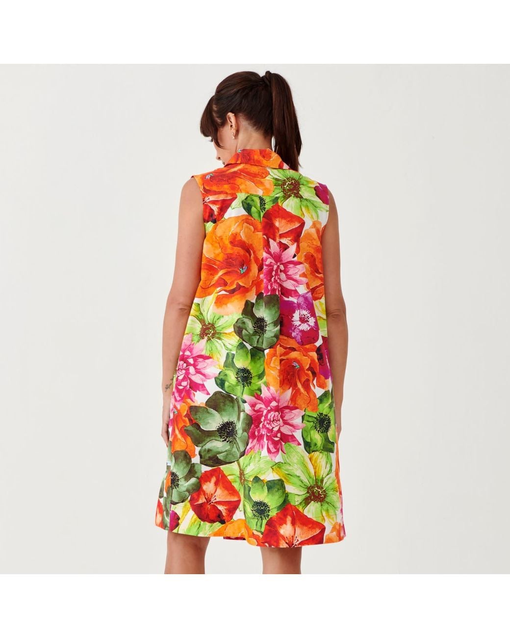 Perlavera Green Clare Giant Flower Printed Cotton Satin Sleeveless Printed Missy Fit Midi Dress