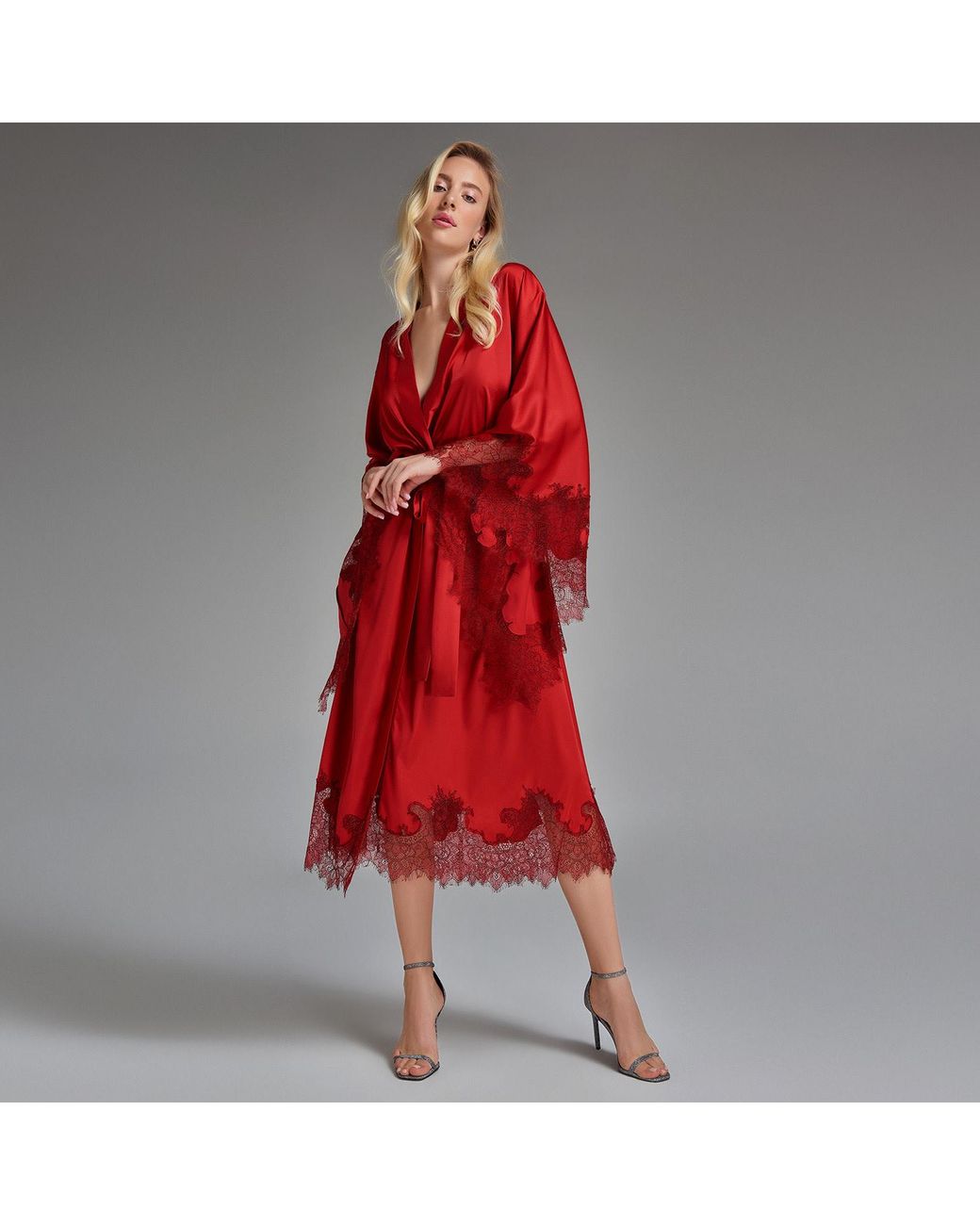 Avenue 8 Red Lace Maxi Silk Robe
