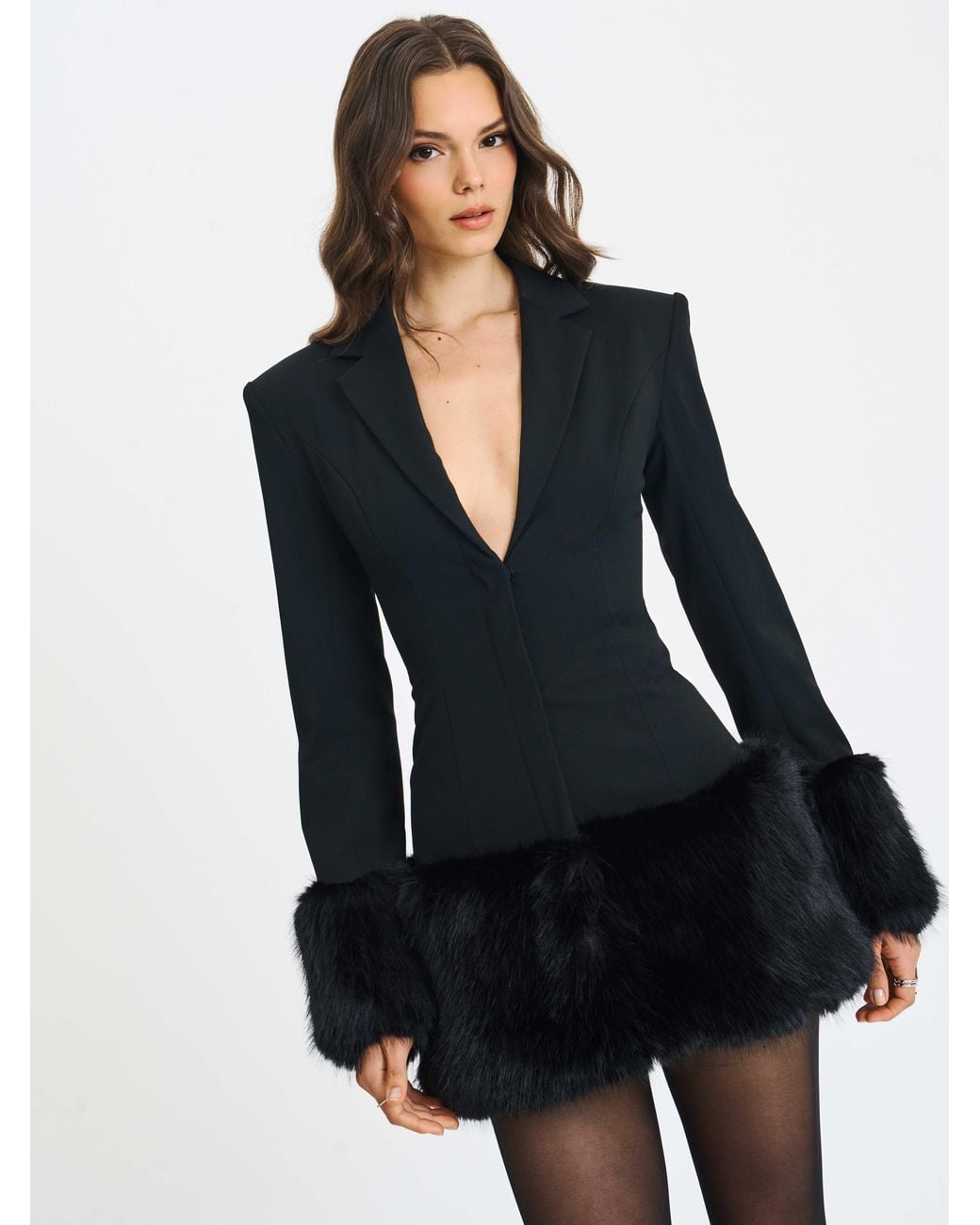 Miss Circle New York Blue Wenona Fur Trimmed V-Neck Mini Blazer Dress