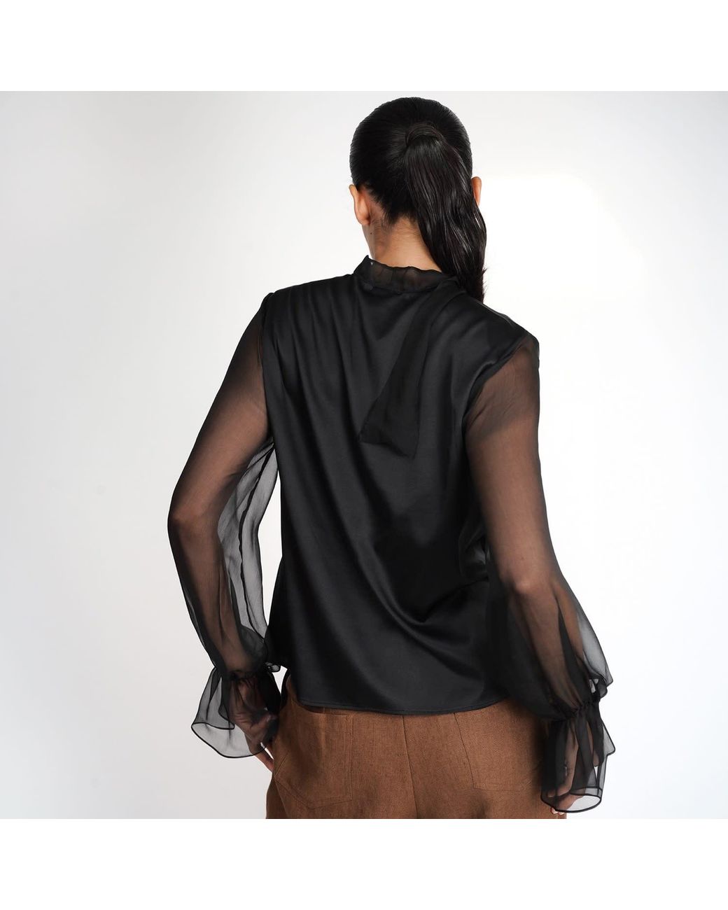 Gunda Hafner Ltd Black Silk Blouse With Sheer Sleeves