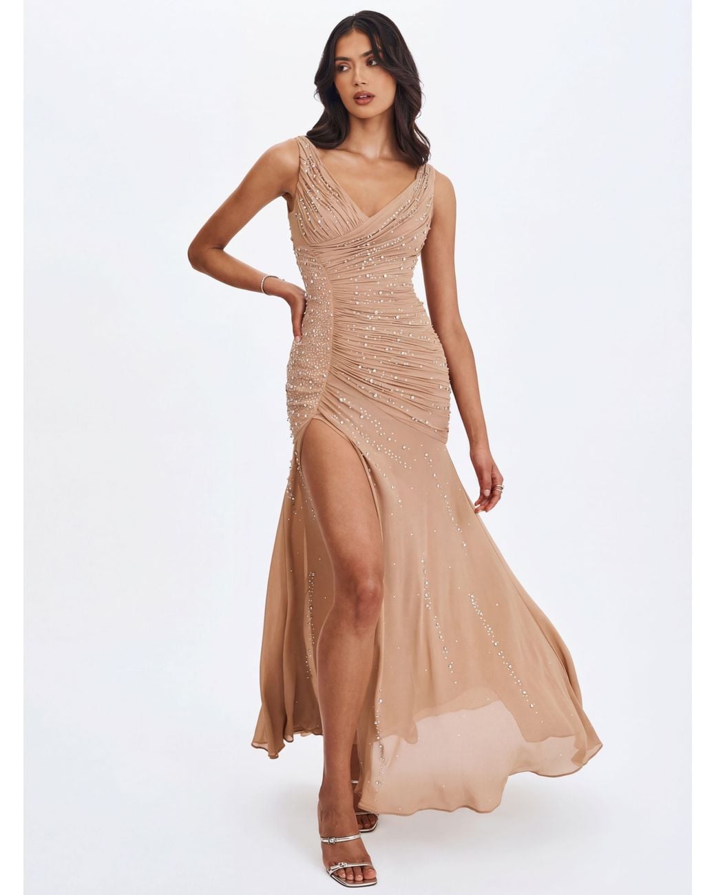 Miss Circle New York Brown Neutrals Viveca Apricot Crystal-Embellished Asymmetrical Ruched Maxi Dress