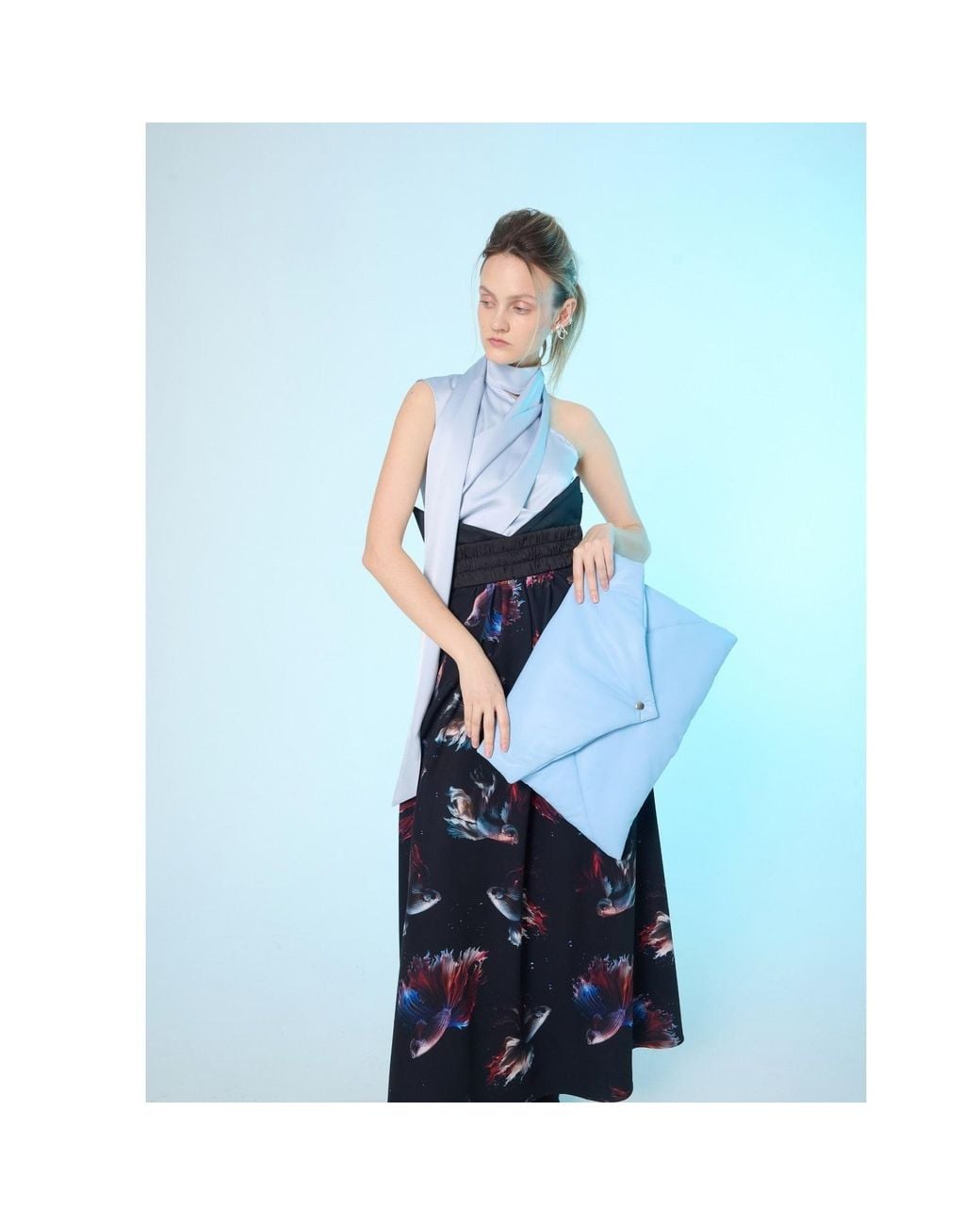 Julia Allert Blue Asymmetrical Satin Top With Choker Collar Light
