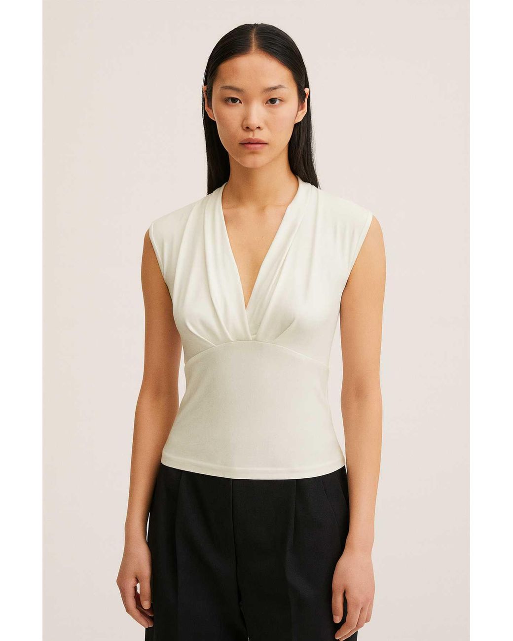 Conquista White Neutrals Cream Jersey Top With Draped V-Neck – Viscose & Elastane Blend