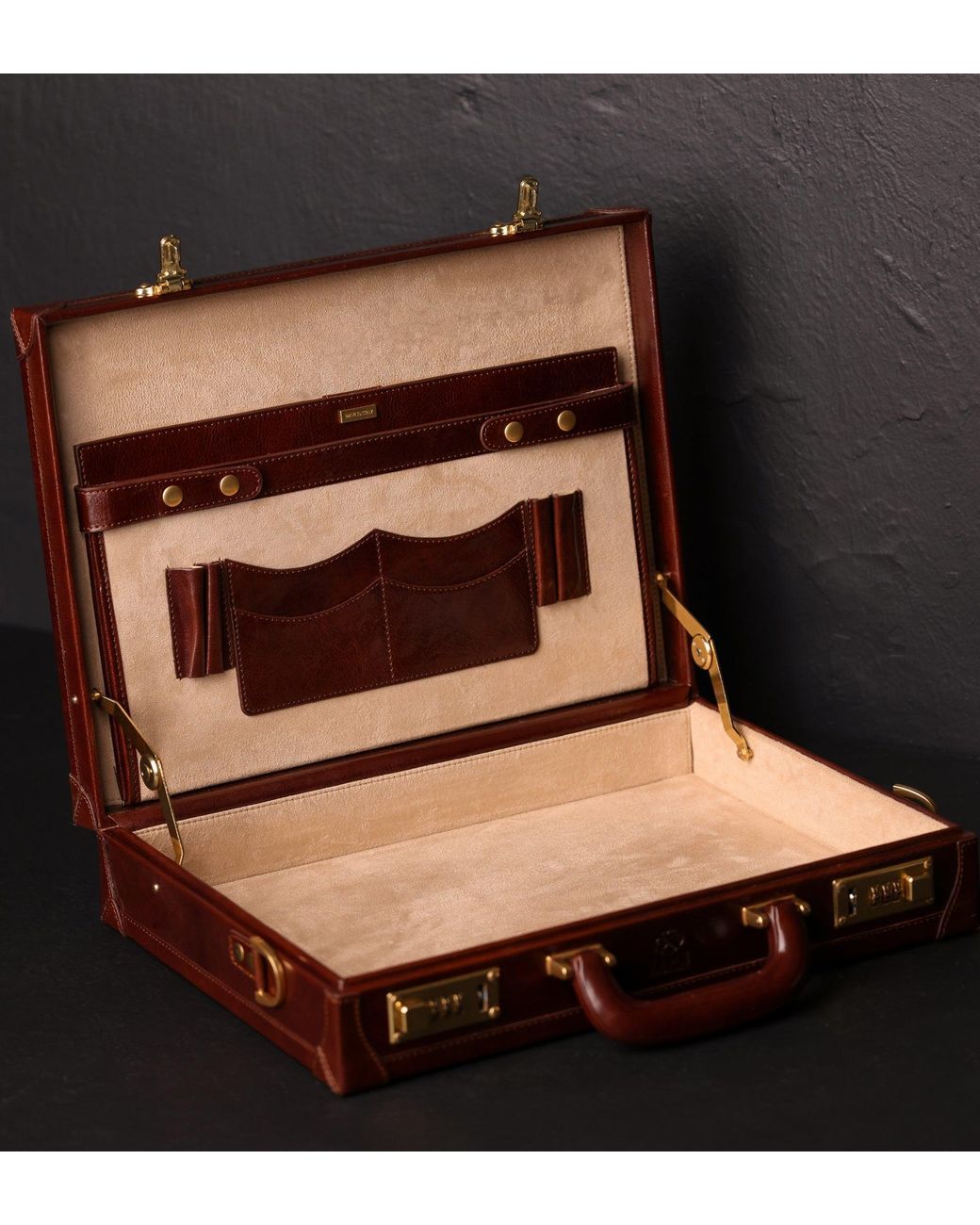 Time Resistance Brown Leather Large Attaché Case Briefcase for men