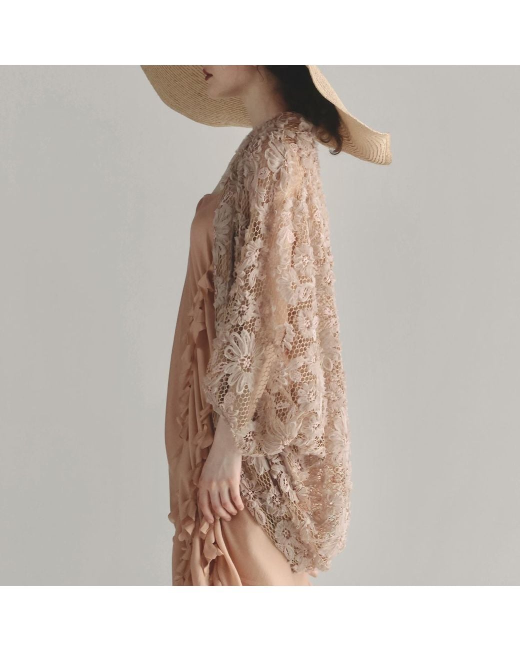 Belsize25 Natural Neutrals Rose Blush Textured Floral Lace Open-Front Kimono Cardigan