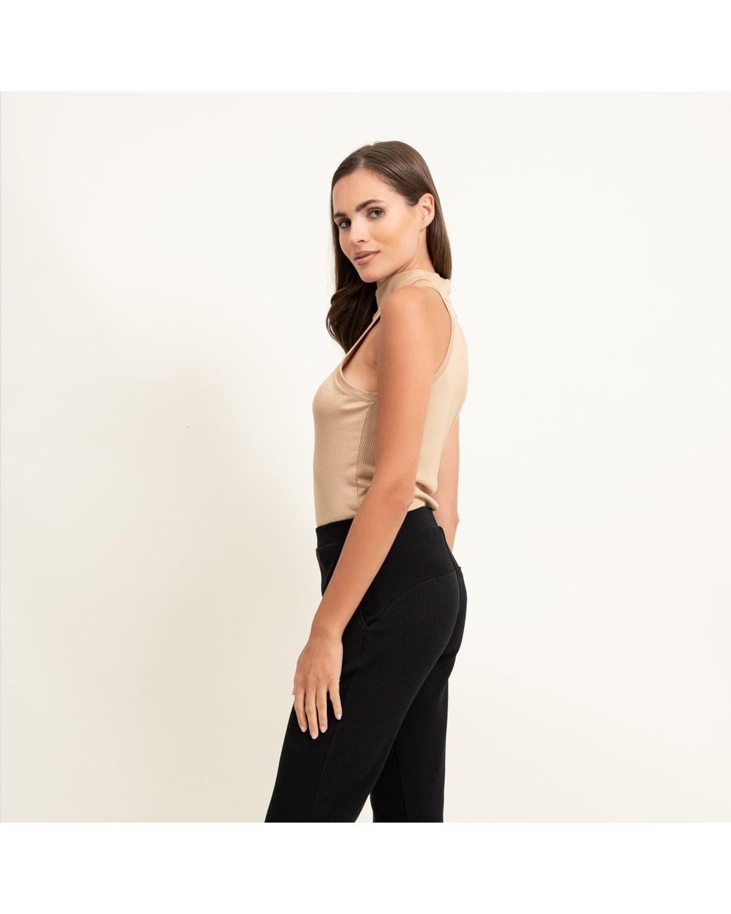 Oh!Zuza Brown Neutrals Ribbed Viscose Halterneck Top