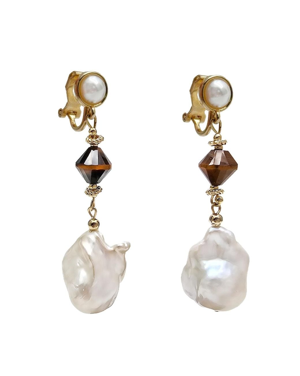 Farra Metallic Baroque Pearls With Tiger Eye Dangle Clip-On Earrings