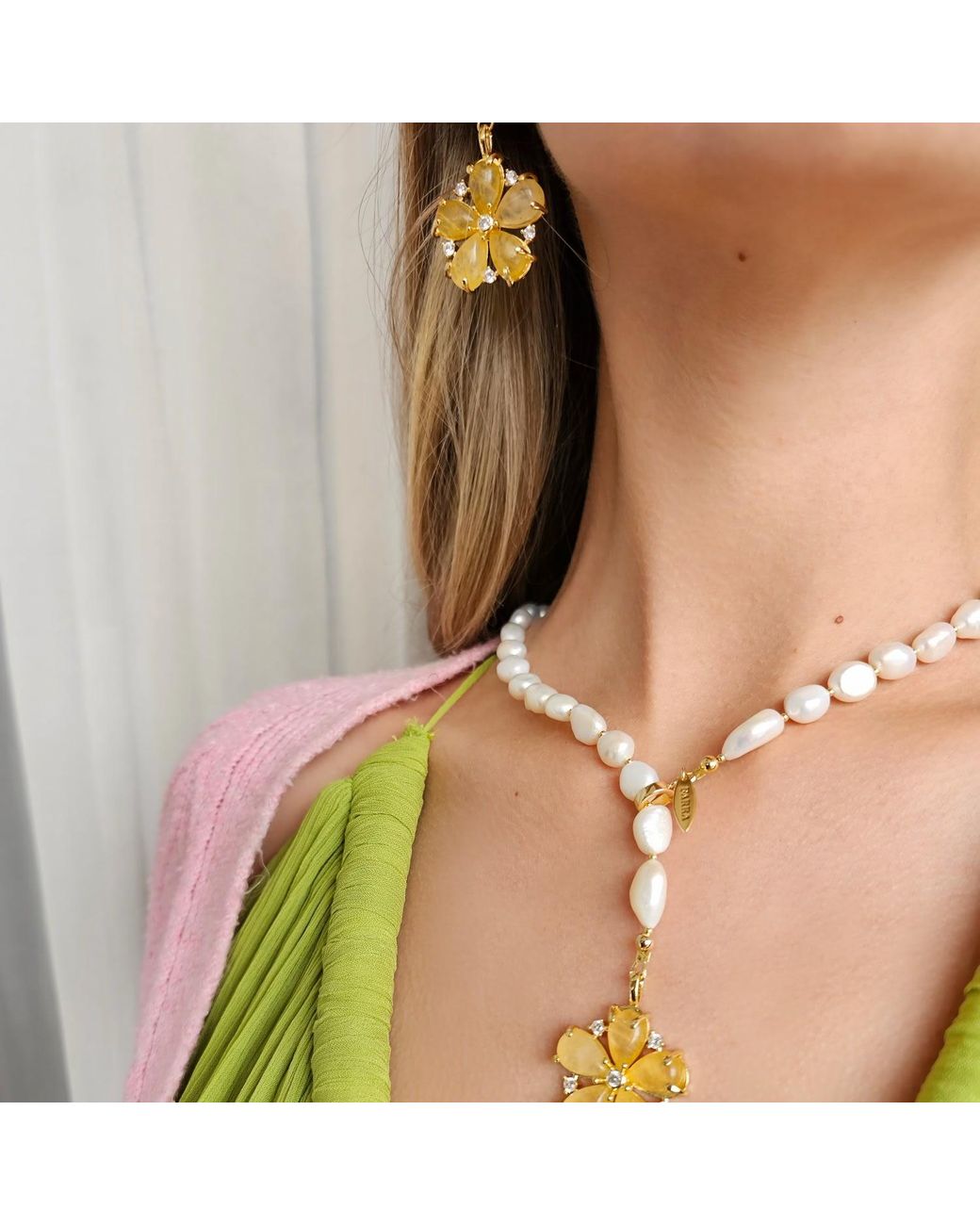 Farra Metallic Citrine Flower Dangle Statement Earrings