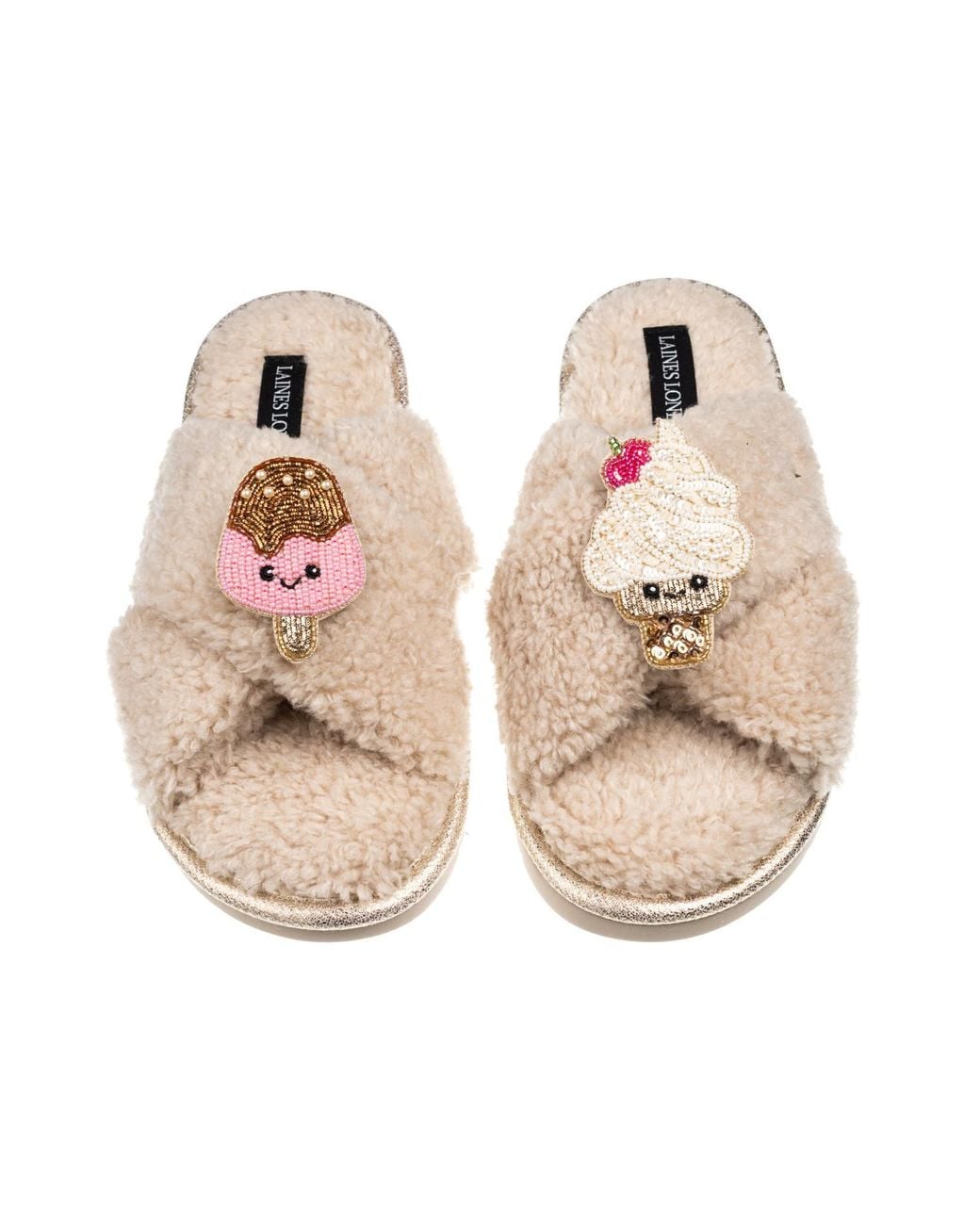Laines London Pink Neutrals Laines Boucle Slippers With Laines Lovables Ice Lolly & Ice Cream Brooches