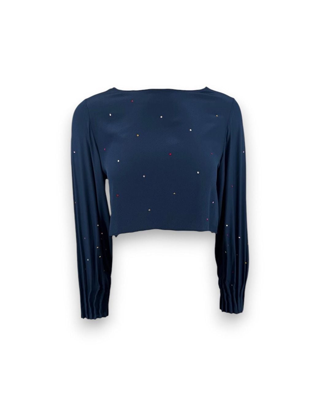 Monzlapur New York Blue Cropped Silk Top With Pleated Cuffs & Crystals