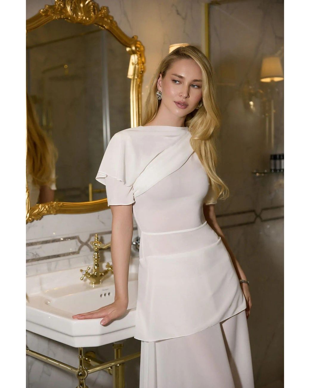 POST MERIDIEM White Chiffon Asymmetrical Midi Dress